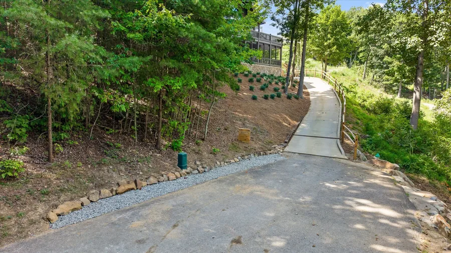 Concrete walkway climbing the wooded slope up to the house