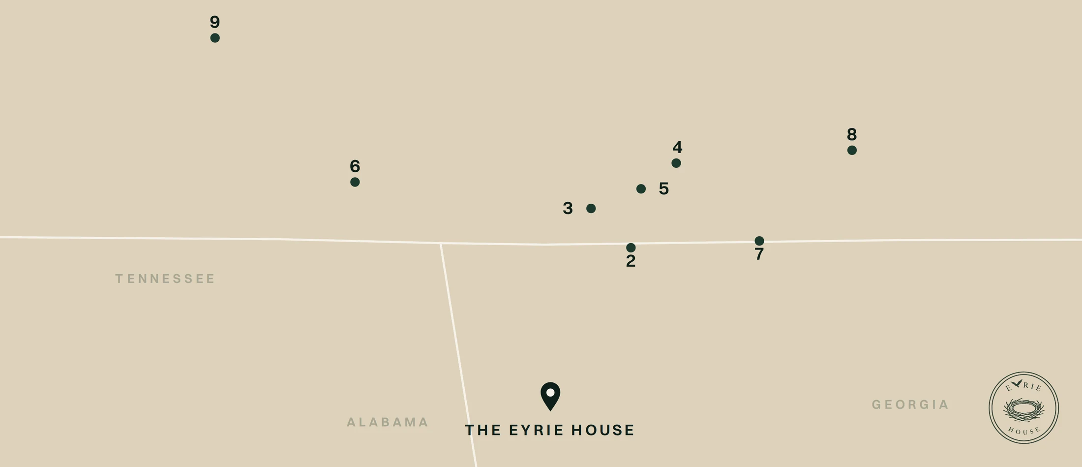 Map around Lookout Mountain showing nine golf courses within about an hour of The Eyrie House