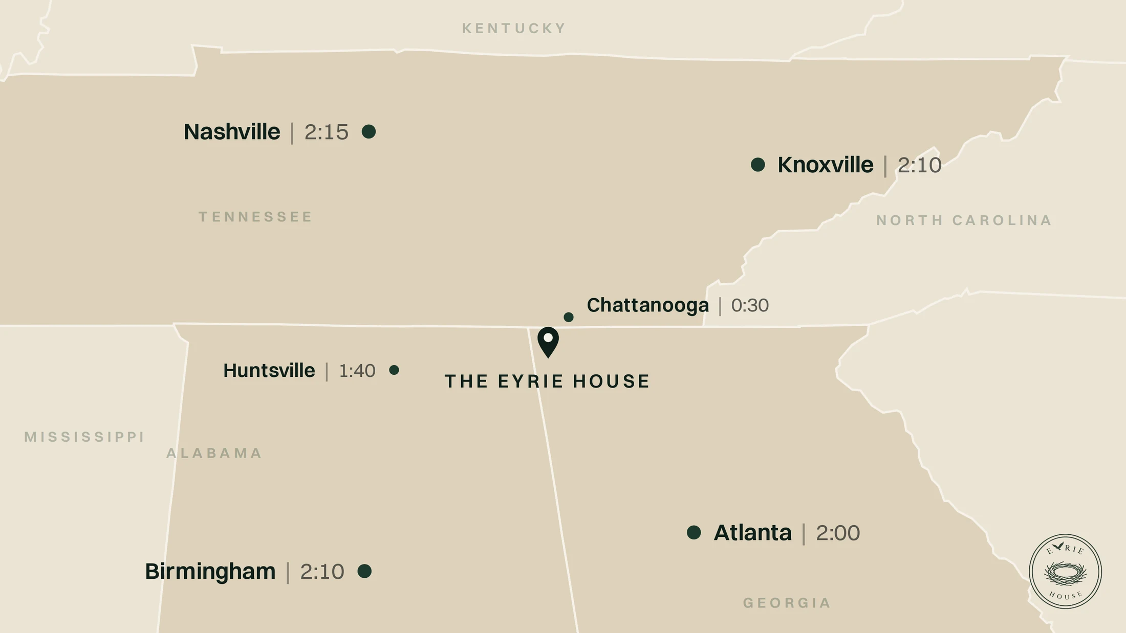 Map of Tennessee, Alabama and Georgia showing driving times to The Eyrie House at McLemore: Nashville 2:15, Knoxville 2:10, Birmingham 2:10, Atlanta 2:00, Huntsville 1:40, Chattanooga 0:30