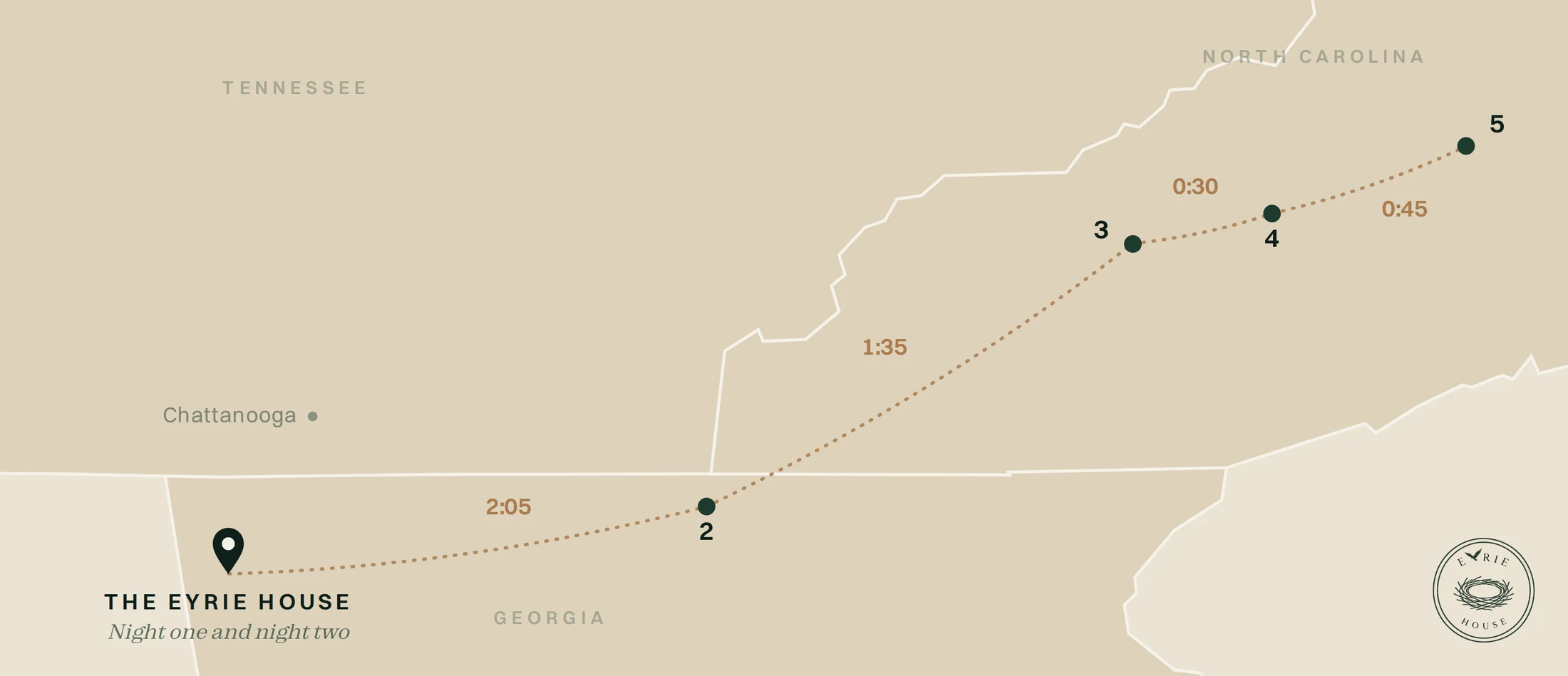 Map of the Blue Ridge Run: The Eyrie House on Lookout Mountain to Old Toccoa Farm, Sequoyah National, The Waynesville Inn, and the Omni Grove Park Inn in Asheville