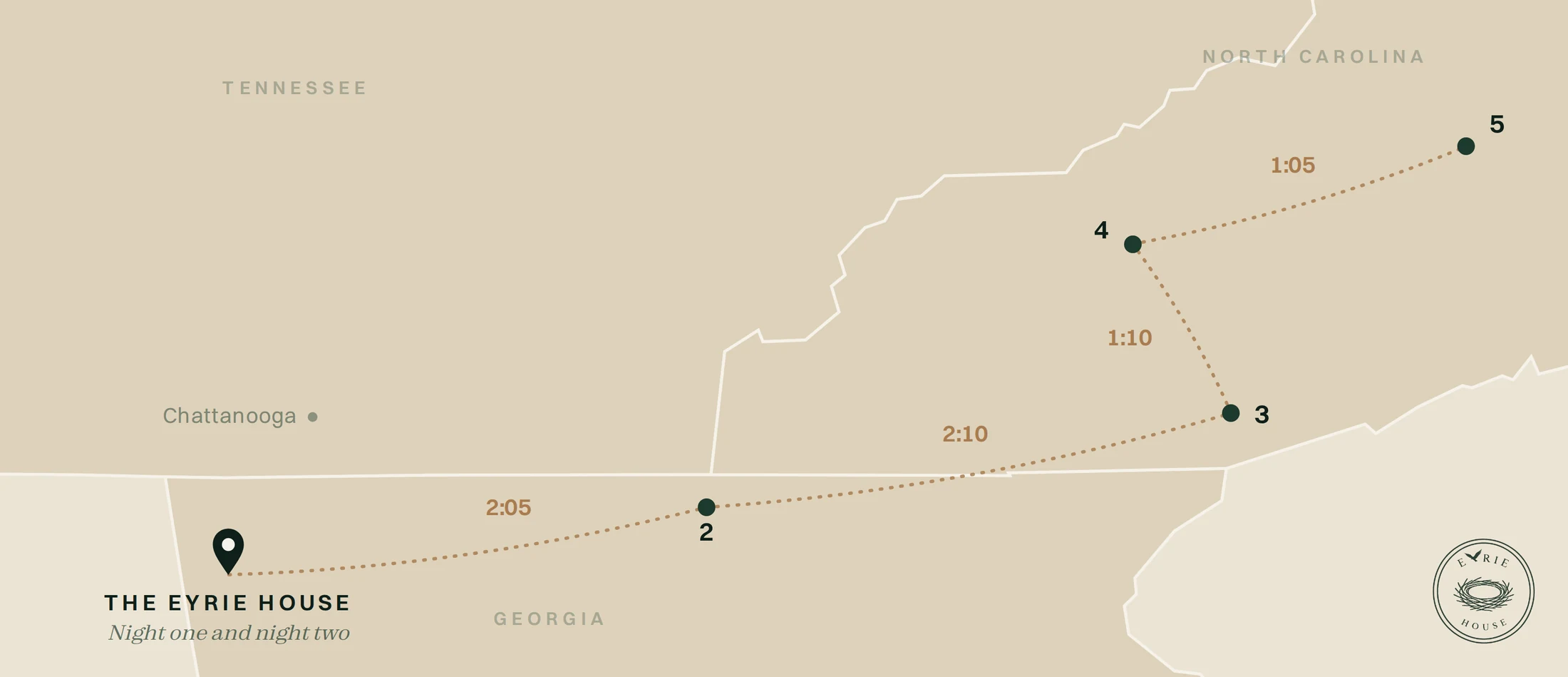 Map of the Cashiers Variant: The Eyrie House to Old Toccoa Farm, High Hampton in Cashiers, Sequoyah National, and the Omni Grove Park Inn in Asheville